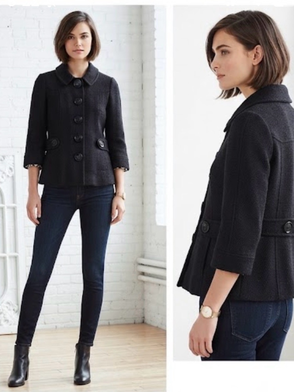 Tory Burch Black Tweed Button-Front Short Coat Jacket with Floral Lining Sz 4